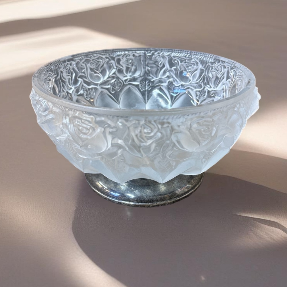 Fine Lead Frosted Crystal 8 1/2" Bowl with Silver Plated Base Vintage